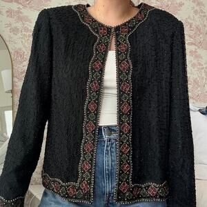 Adrianna Papell vintage black beaded jacket with red & green embroidery